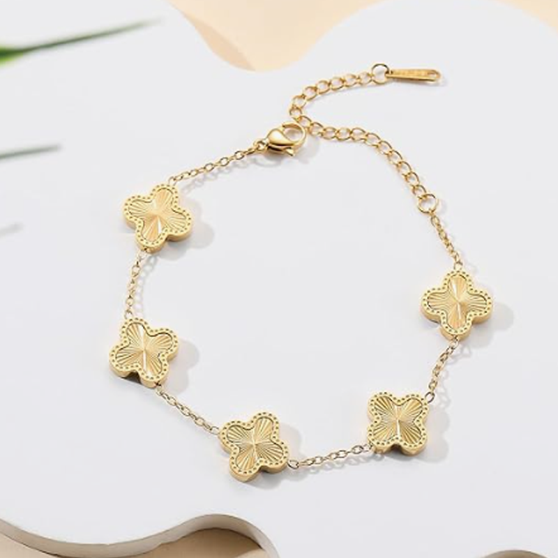 14K Gold Four Leaf Clover Bracelet for Women-2