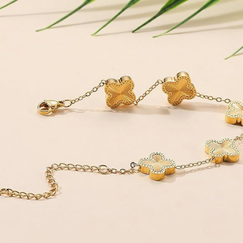 14K Gold Four Leaf Clover Bracelet for Women-4