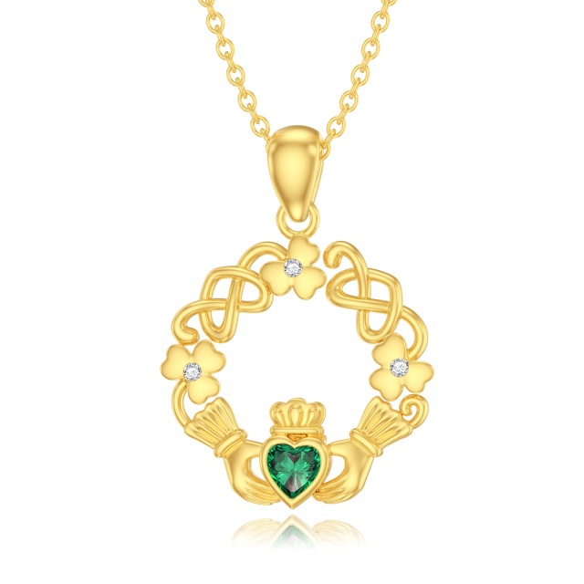 14K Oro Cúbico Zirconia Cuatro Hojas Trébol y Claddagh Collar Colgante-1