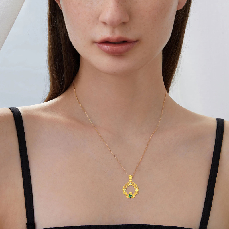 10K Gold Cubic Zirconia Four Leaf Clover & Claddagh Pendant Necklace-2