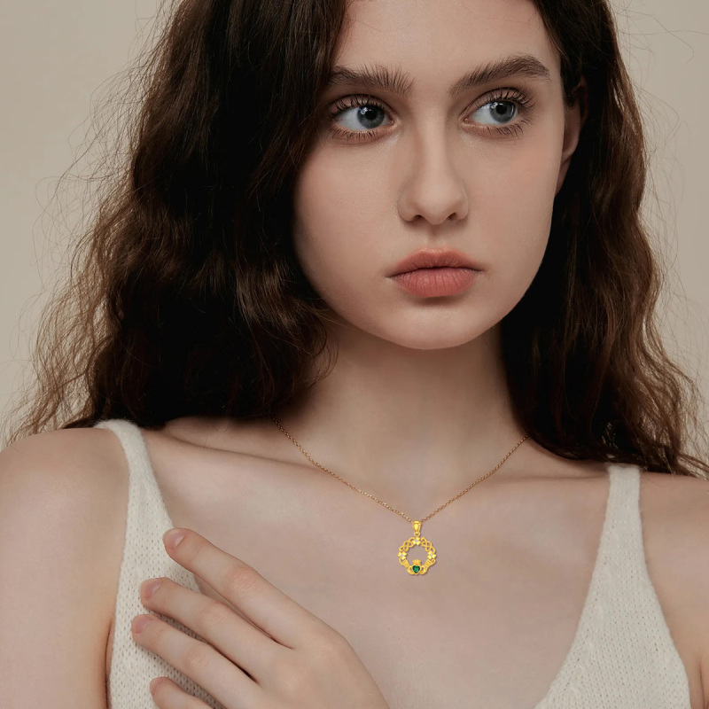 10K Gold Cubic Zirconia Four Leaf Clover & Claddagh Pendant Necklace-3