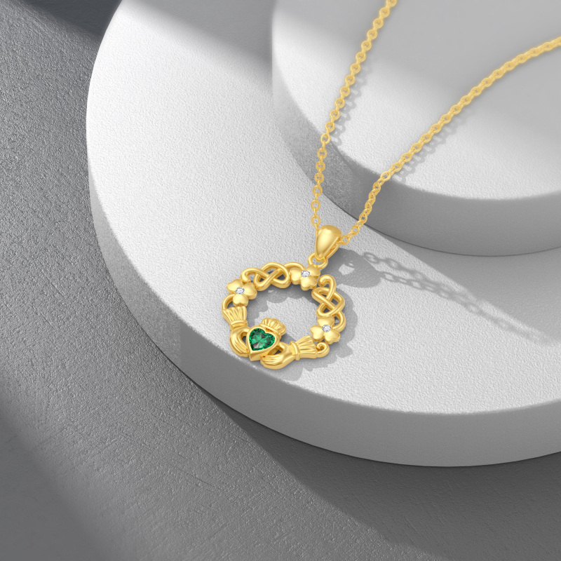 10K Gold Cubic Zirconia Four Leaf Clover & Claddagh Pendant Necklace-4