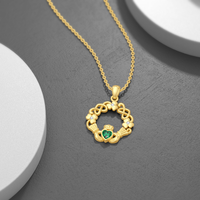 10K Gold Cubic Zirconia Four Leaf Clover & Claddagh Pendant Necklace-5