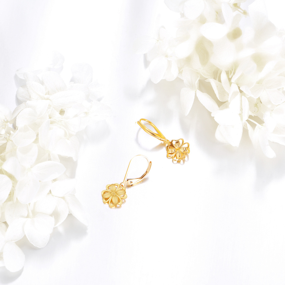 10K Gold Four Leaf Clover Drop Earrings-4