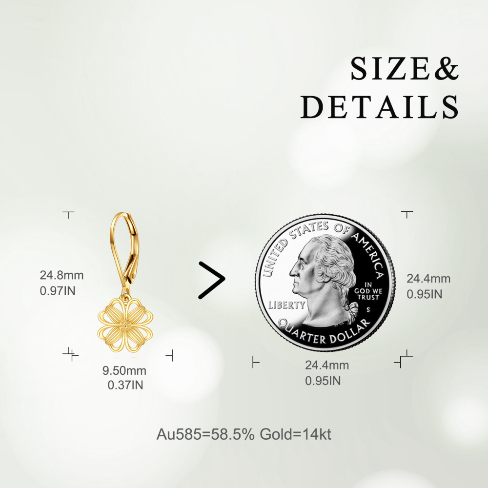 10K Gold Four Leaf Clover Drop Earrings-5