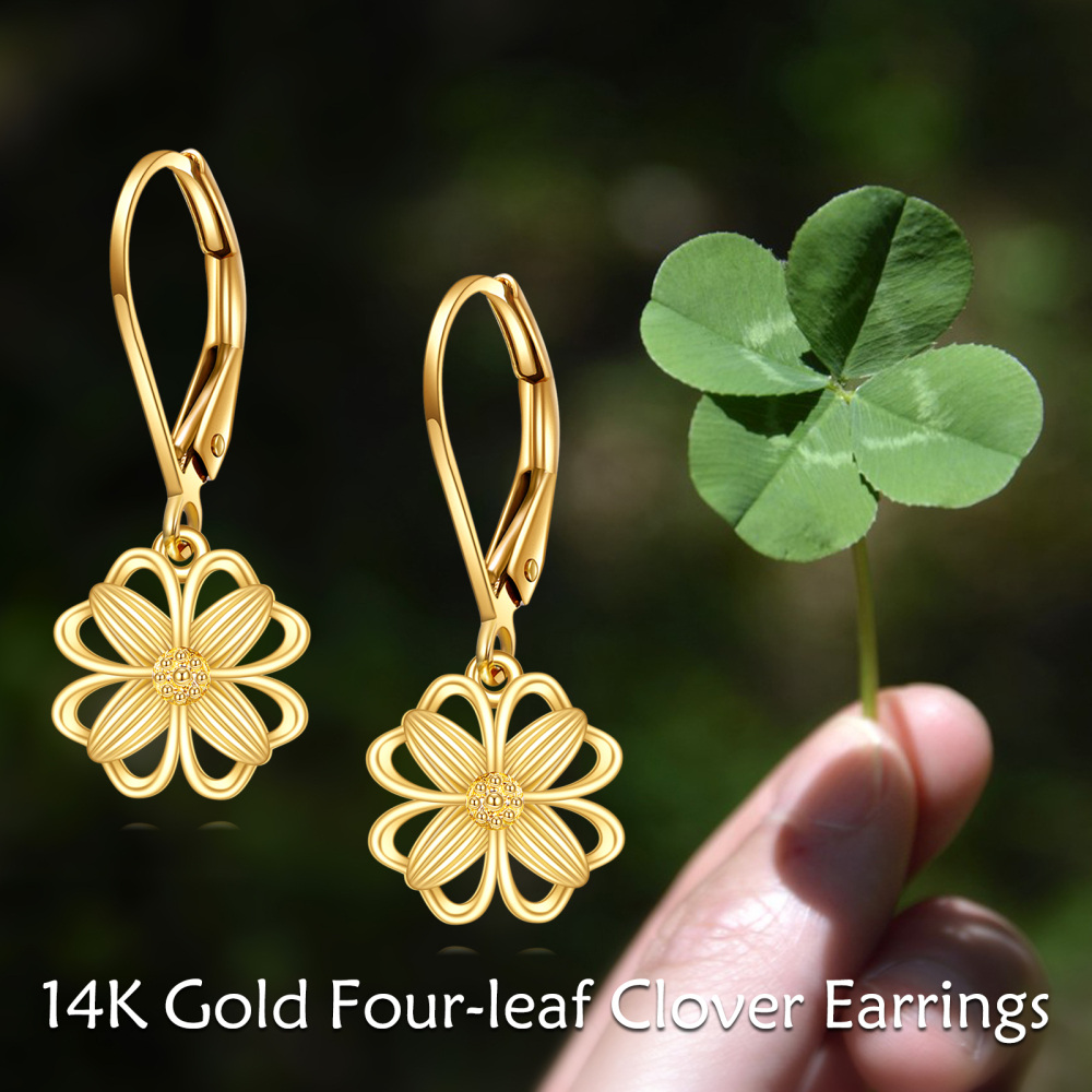 10K Gold Four Leaf Clover Drop Earrings-6
