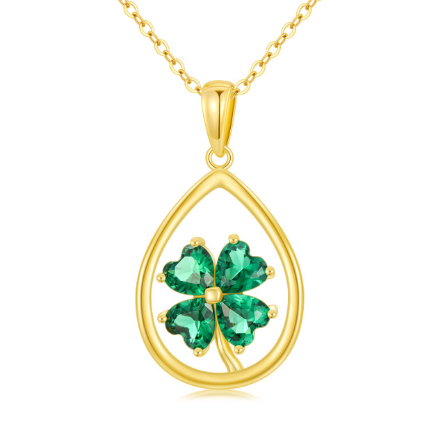 14K Gold Cubic Zirconia Four Leaf Clover & Drop Shape Pendant Necklace-1