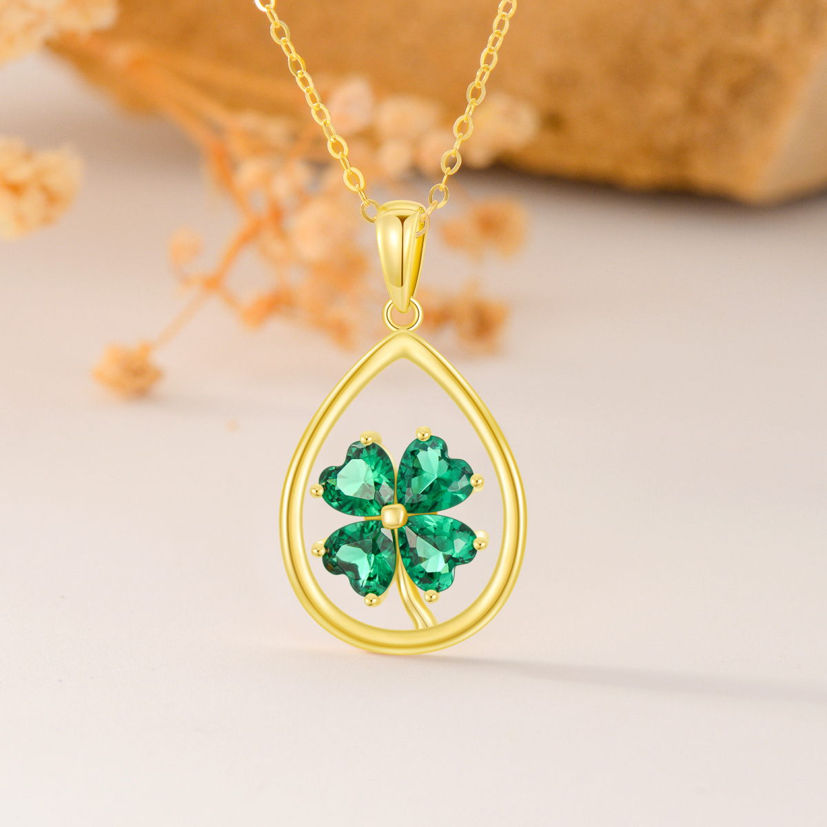 14K Gold Cubic Zirconia Four Leaf Clover & Drop Shape Pendant Necklace-3