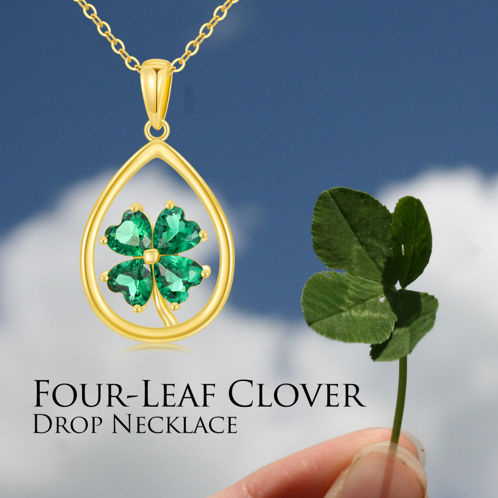 Collier en or 10K avec pendentif en forme de goutte et trèfle à quatre feuilles en zircon-4