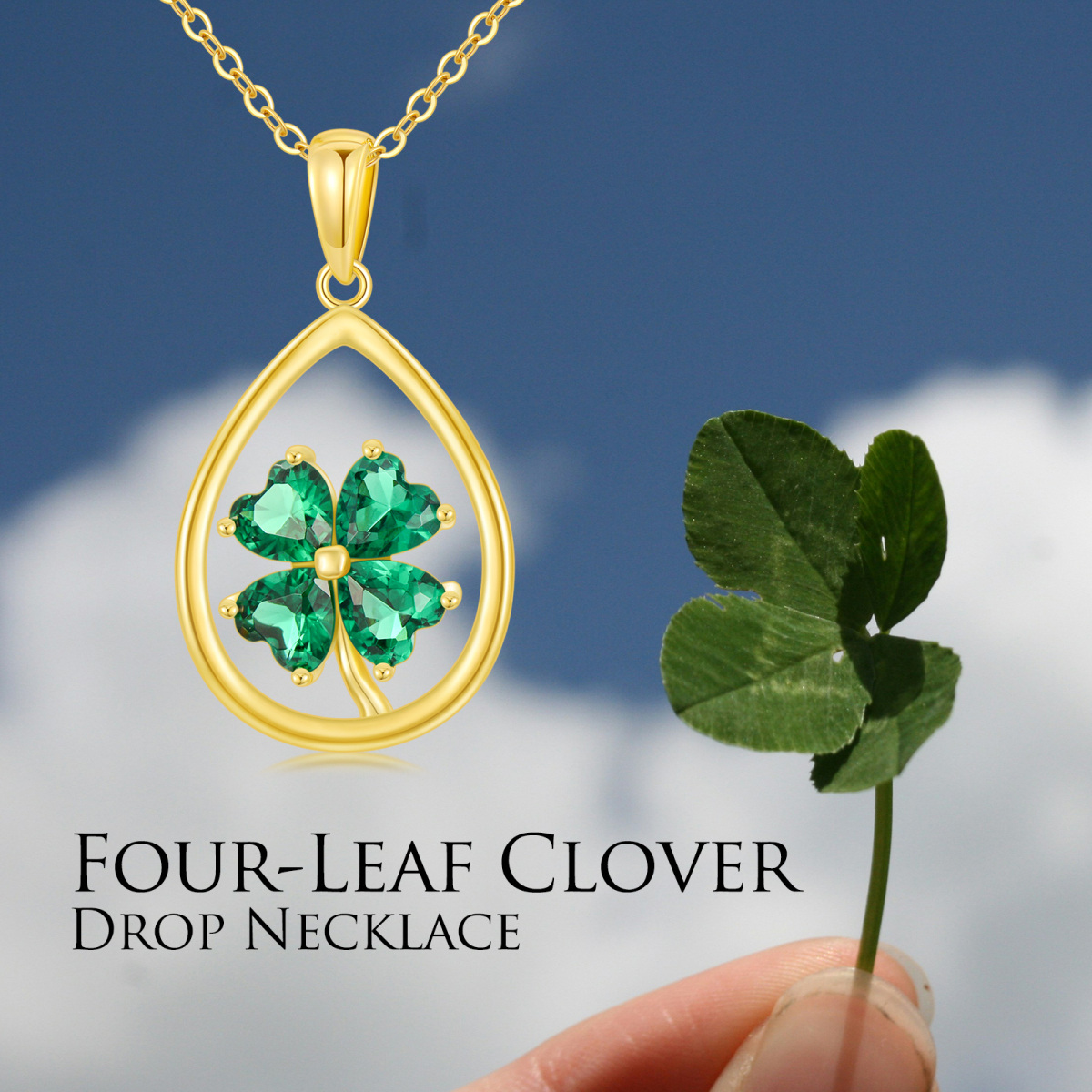 14K Gold Cubic Zirconia Four Leaf Clover & Drop Shape Pendant Necklace-4