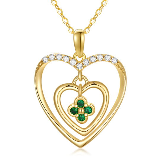 10K Gold Cubic Zirconia Four Leaf Clover & Heart Pendant Necklace