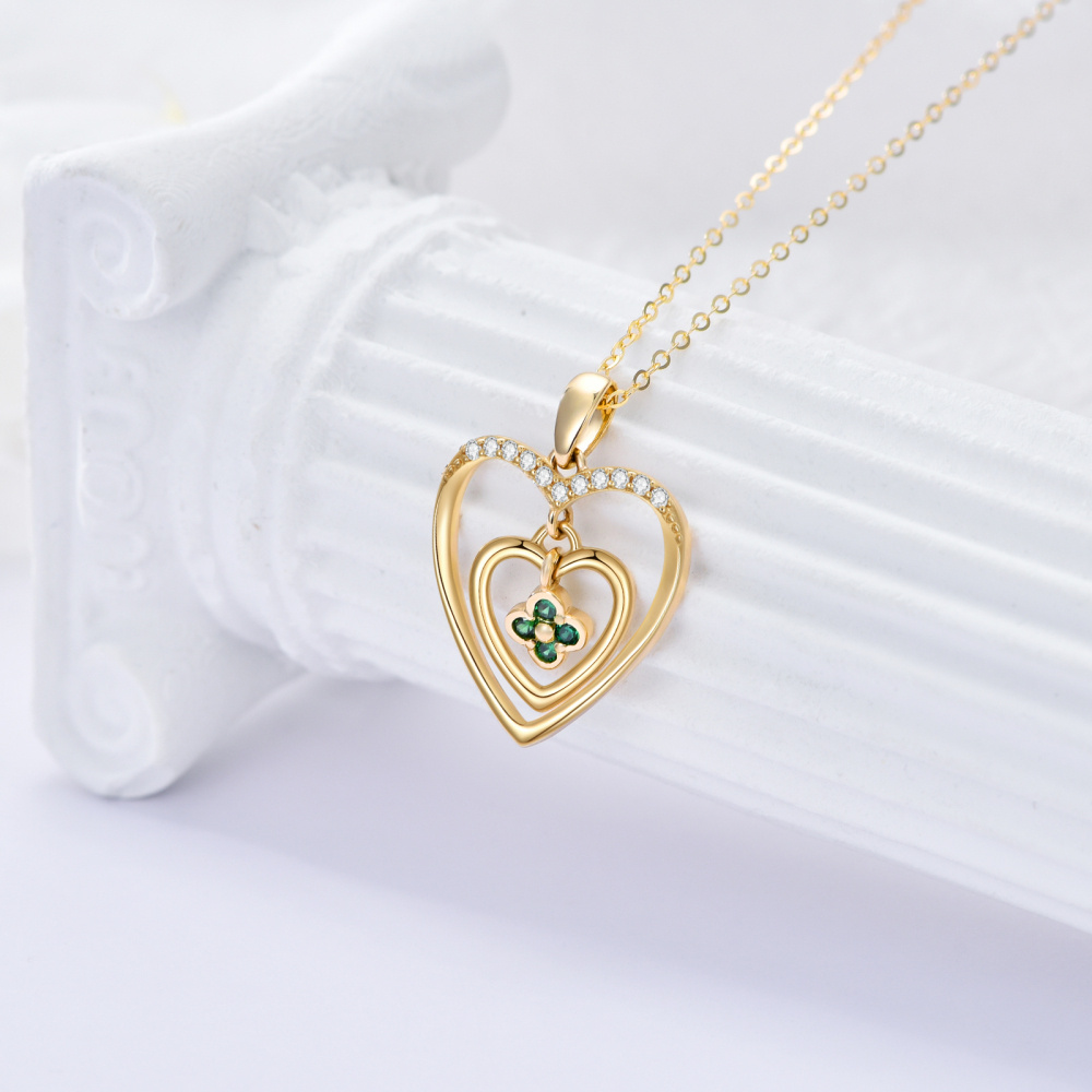 Collier en or 10K avec pendentif trèfle à quatre feuilles et cœur en zircon cubique-3