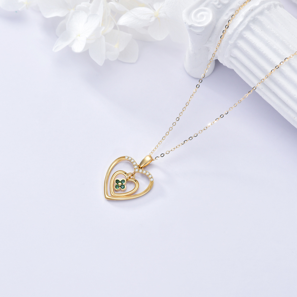 Collier en or 10K avec pendentif trèfle à quatre feuilles et cœur en zircon cubique-4