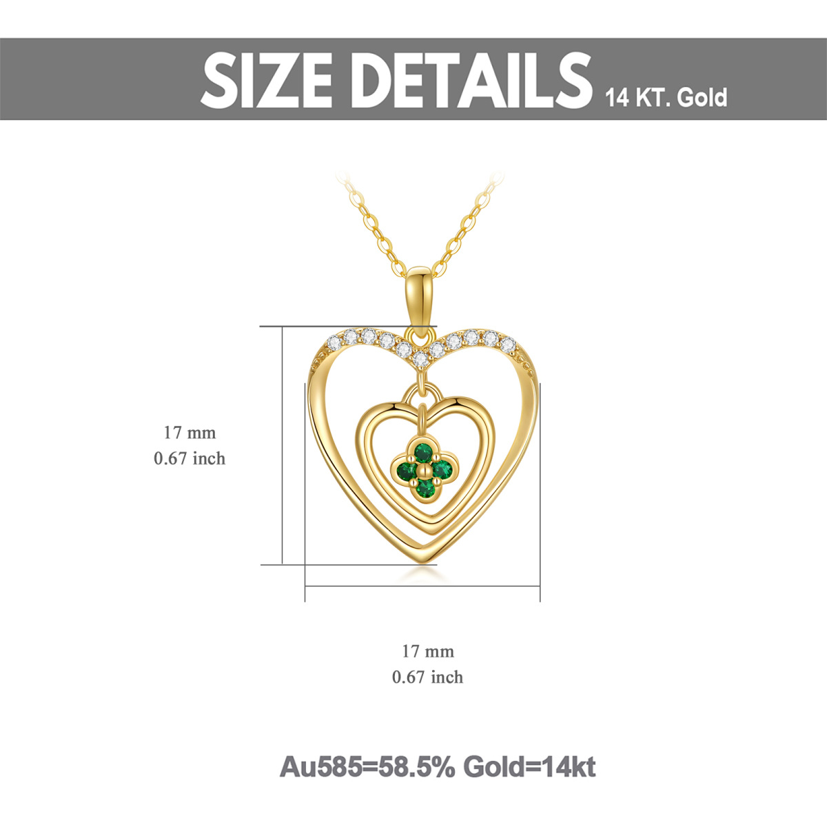 Collana con ciondolo a cuore e quadrifoglio in oro 14K con zirconia cubica-5