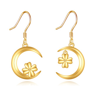 10K Gold Cubic Zirconia Four Leaf Clover & Moon Drop Earrings-7