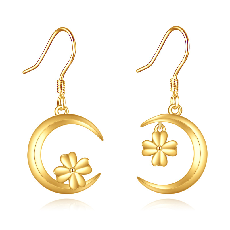 10K Gold Cubic Zirconia Four Leaf Clover & Moon Drop Earrings