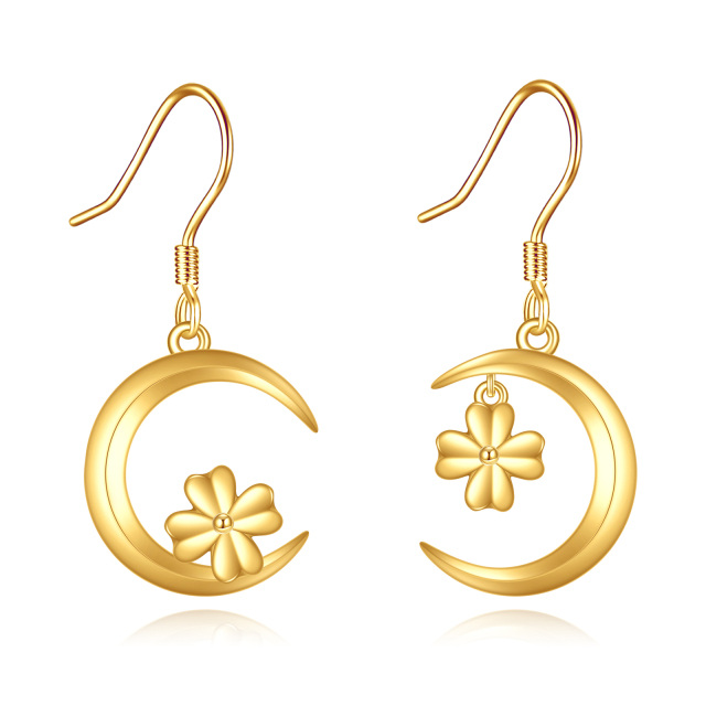 14K Gold Cubic Zirconia Four Leaf Clover & Moon Drop Earrings-1