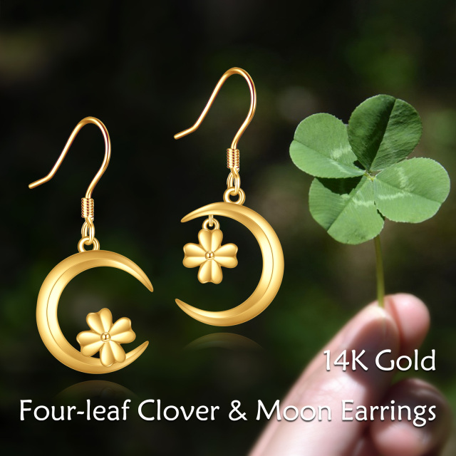 14K Gold Cubic Zirconia Four Leaf Clover & Moon Drop Earrings-3