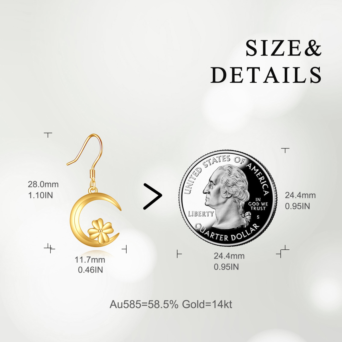 Boucles d'oreilles pendantes en forme de trèfle à quatre feuilles et de lune en or 14 carats avec oxyde de zirconium-4