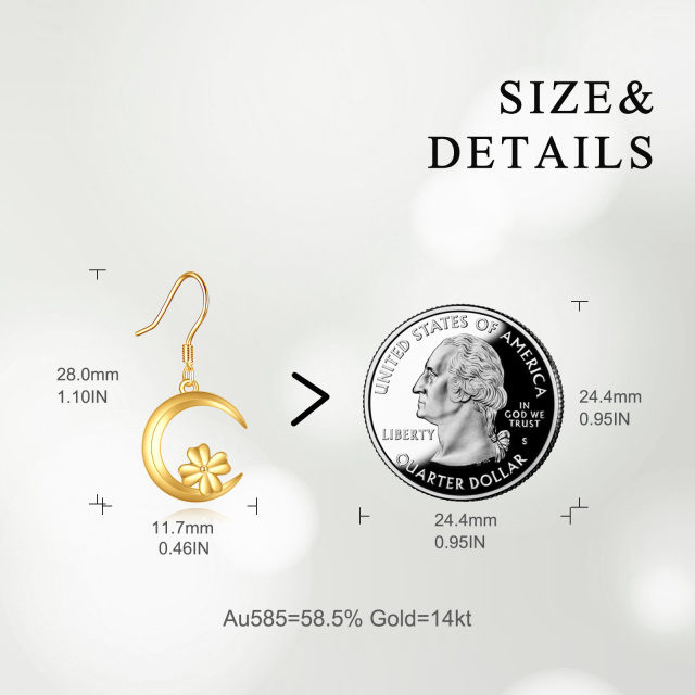 Boucles d'oreilles pendantes en forme de trèfle à quatre feuilles et de lune en or 14 carats avec oxyde de zirconium-4