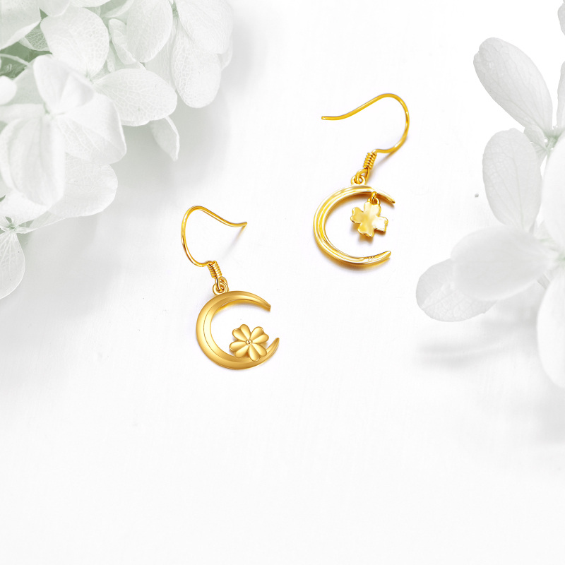 10K Gold Cubic Zirconia Four Leaf Clover & Moon Drop Earrings-5