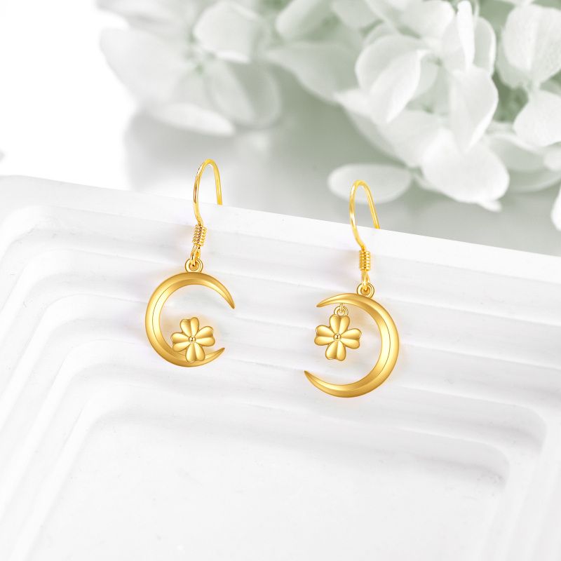 10K Gold Cubic Zirconia Four Leaf Clover & Moon Drop Earrings-6