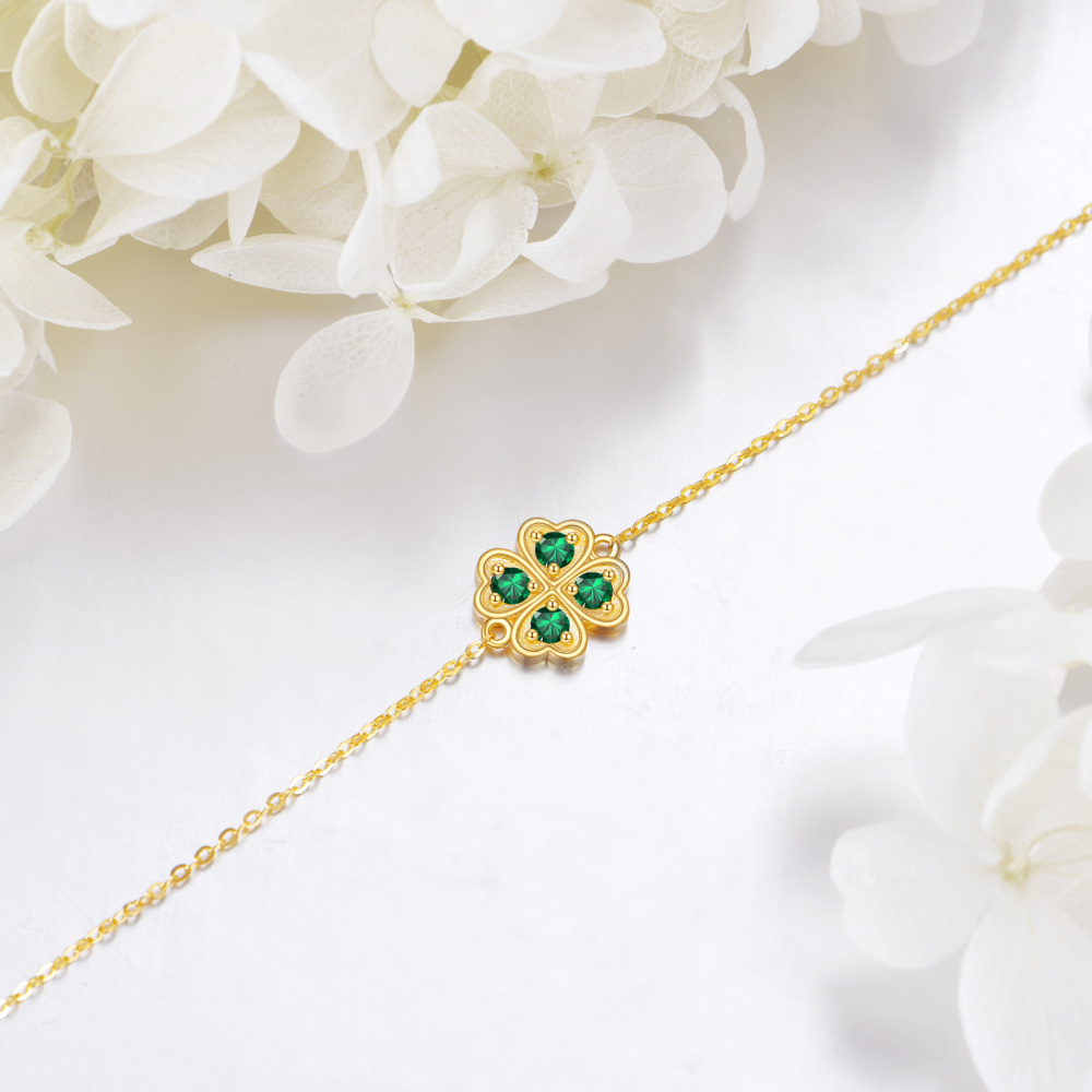 10K Gold Cubic Zirconia Four Leaf Clover Charm Bracelet-3