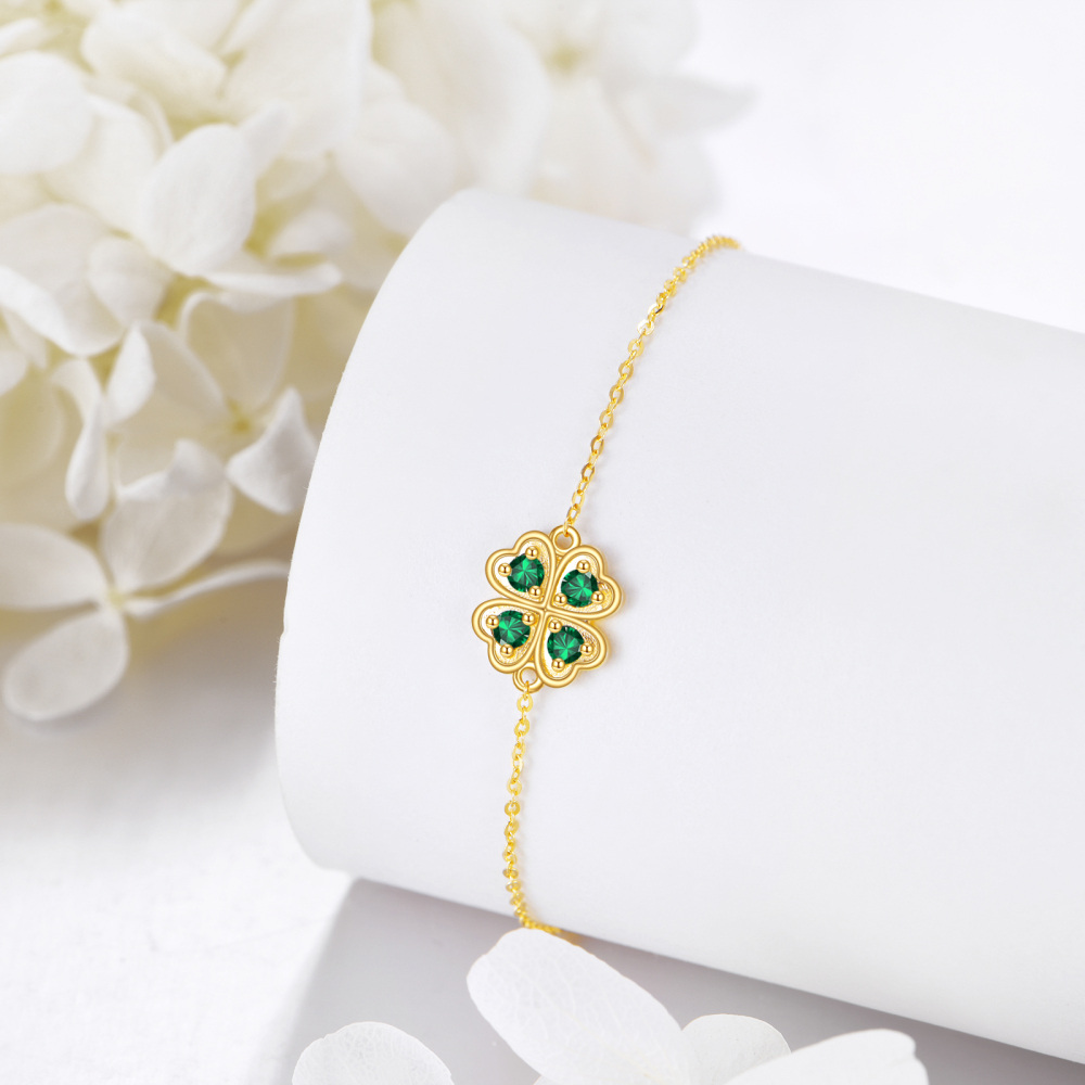 10K Gold Cubic Zirconia Four Leaf Clover Charm Bracelet-4