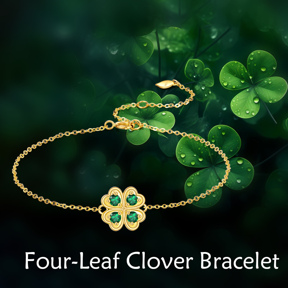 10K Gold Cubic Zirconia Four Leaf Clover Charm Bracelet-6