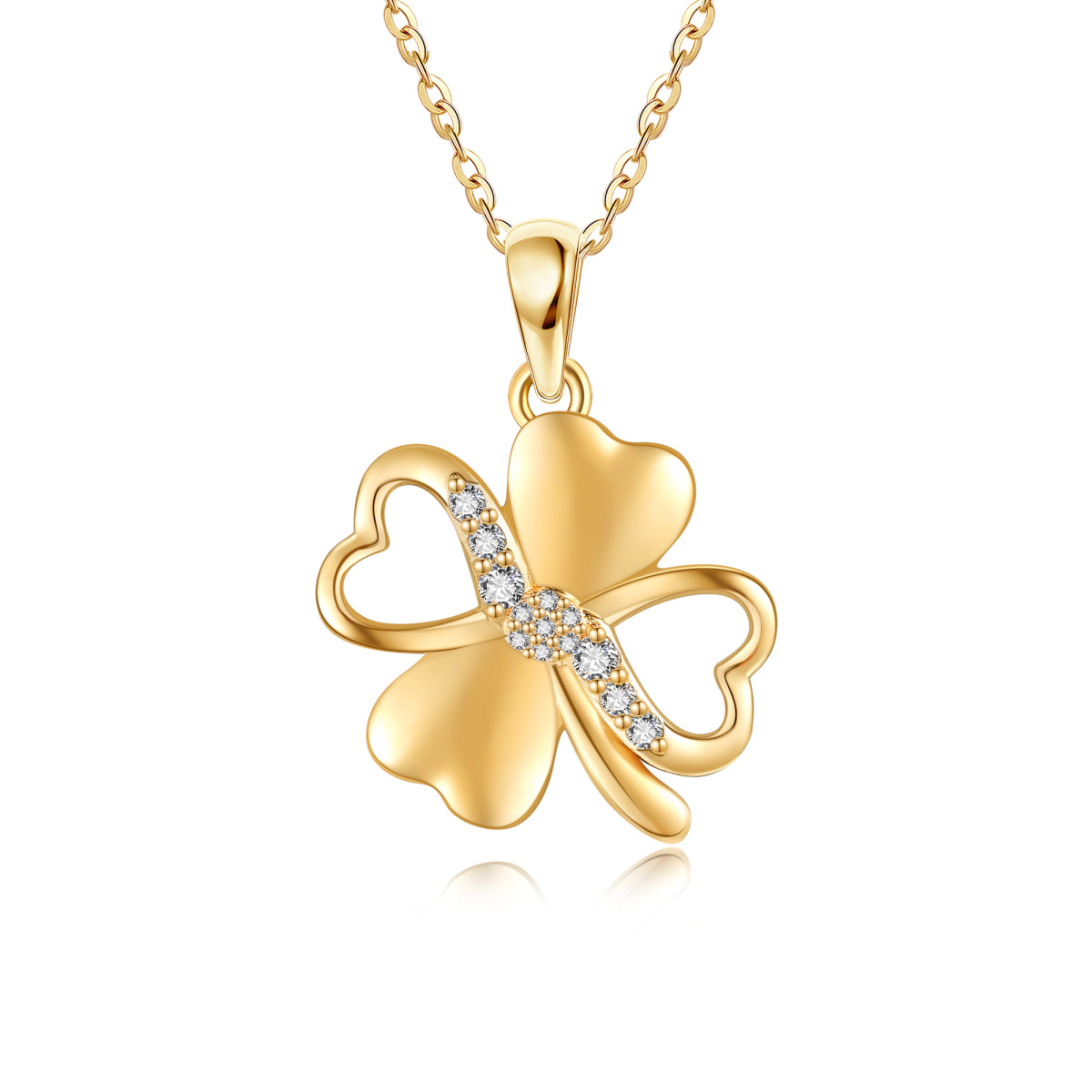 14K Gold Cubic Zirconia Four Leaf Clover Pendant Necklace-1