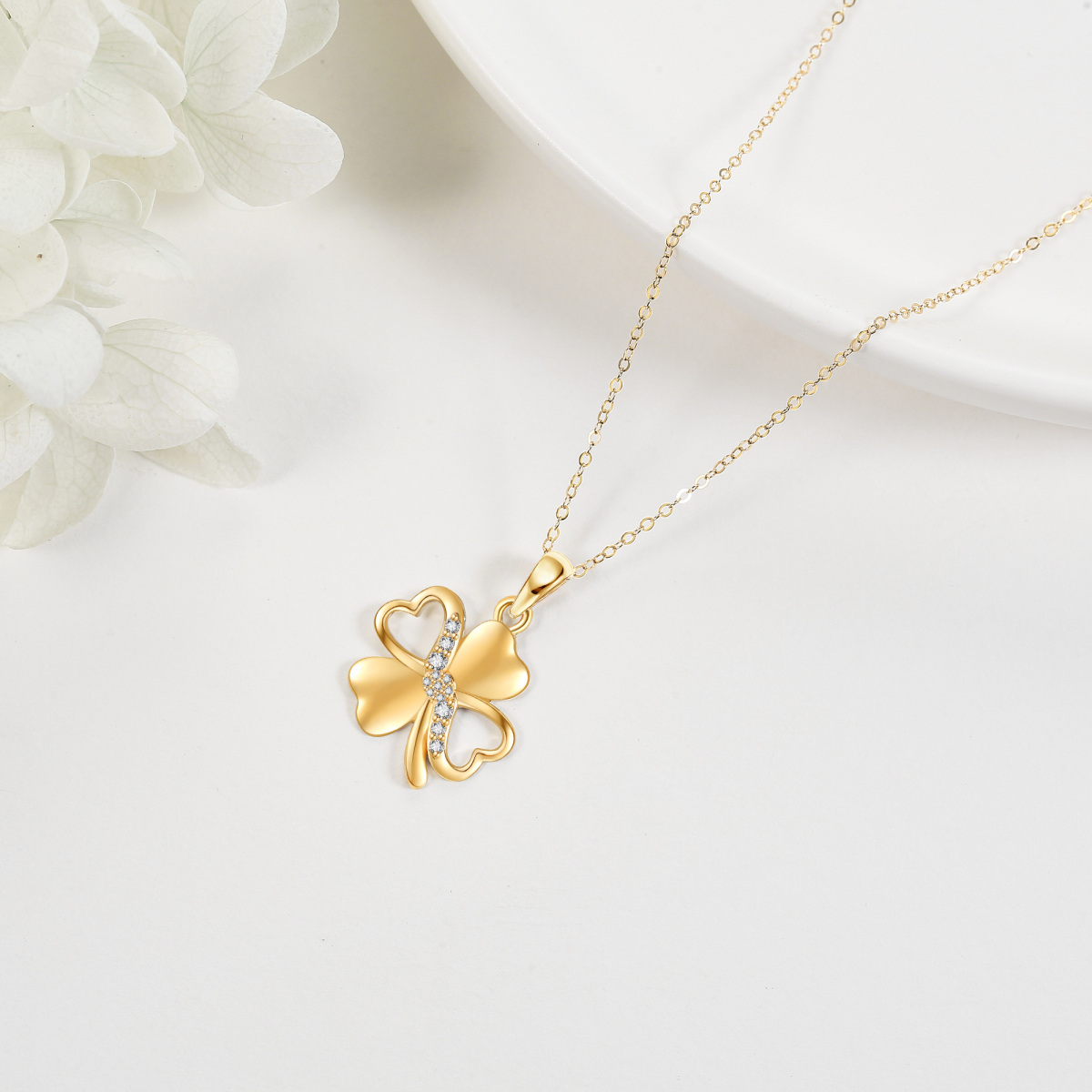 14K Gold Cubic Zirconia Four Leaf Clover Pendant Necklace-3