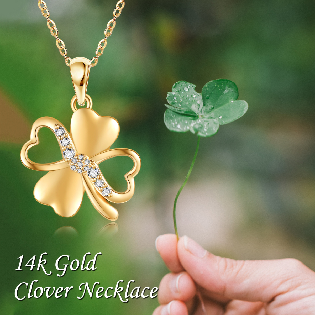 10K Gold Cubic Zirconia Four Leaf Clover Pendant Necklace-6