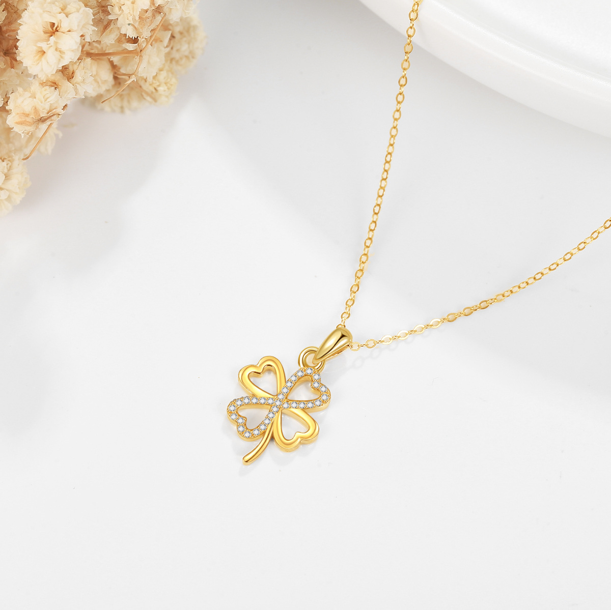 14K Gold Cubic Zirconia Four Leaf Clover Pendant Necklace-3