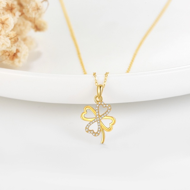 14K Gold Cubic Zirconia Four Leaf Clover Pendant Necklace-4