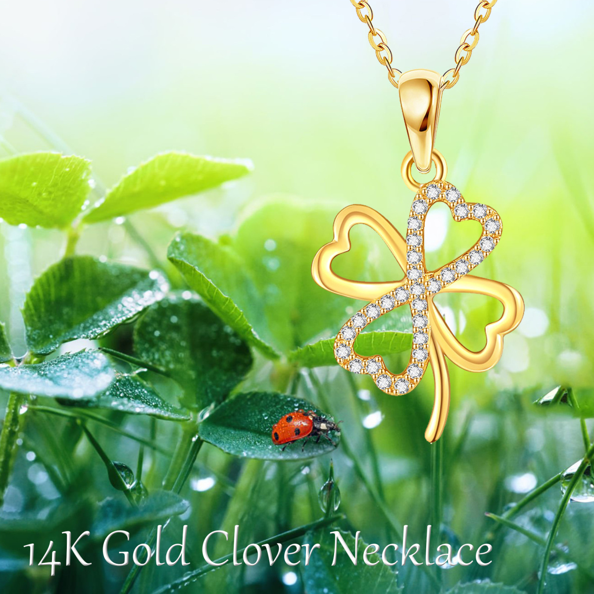 14K Gold Cubic Zirconia Four Leaf Clover Pendant Necklace-6