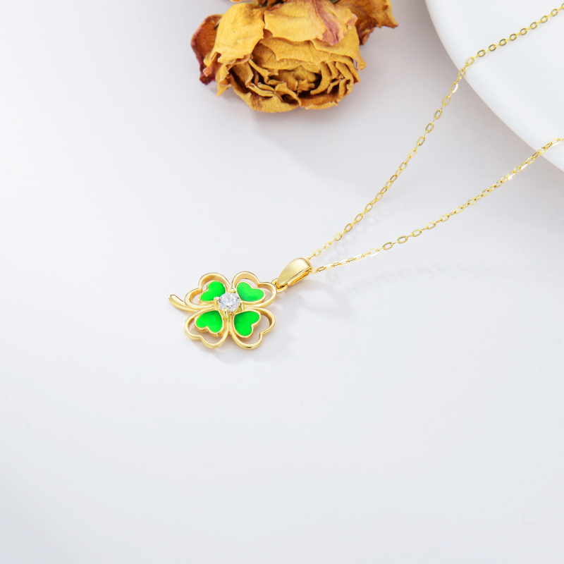 10K Gold Cubic Zirconia Four-leaf Clover Pendant Necklace-3