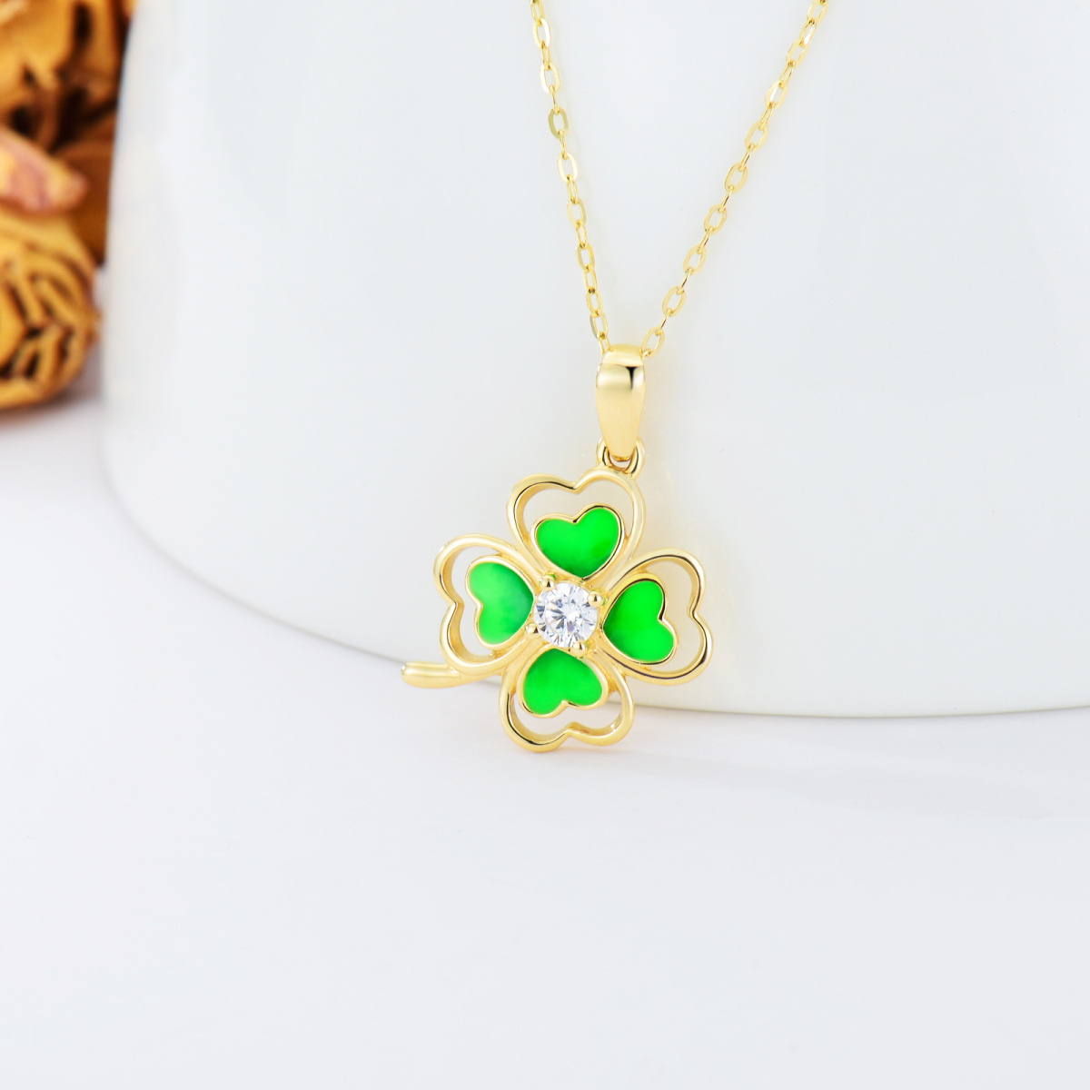 14K Gold Cubic Zirconia Four-leaf Clover Pendant Necklace-4