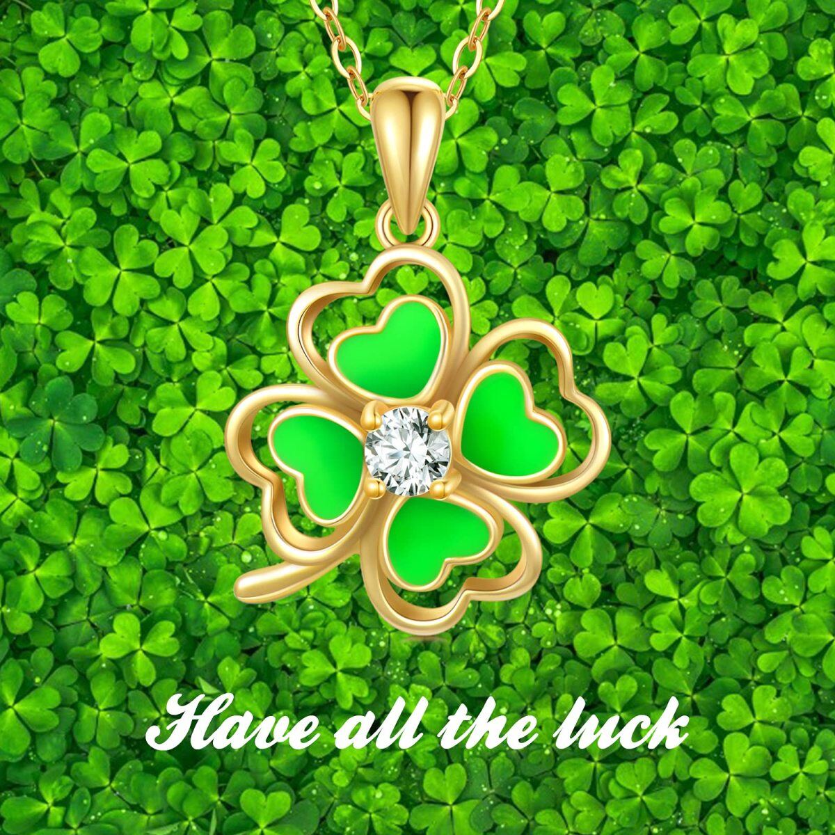 14K Gold Cubic Zirconia Four-leaf Clover Pendant Necklace-5