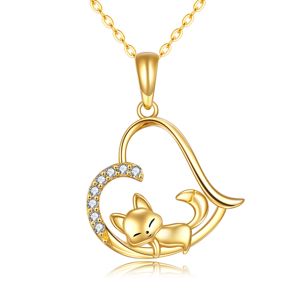 10K Gold Cubic Zirconia Fox & Heart Pendant Necklace-1