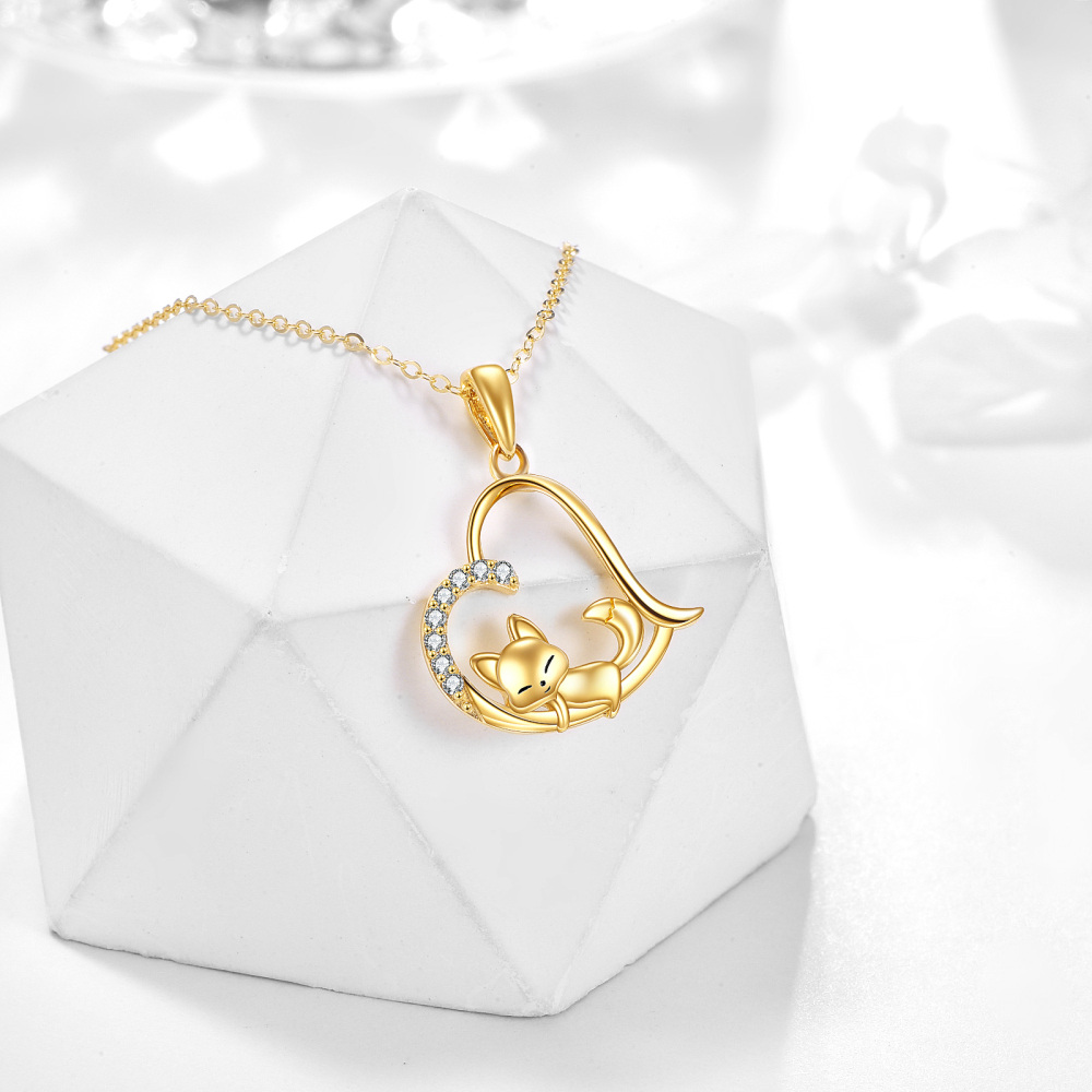 10K Gold Cubic Zirconia Fox & Heart Pendant Necklace-3