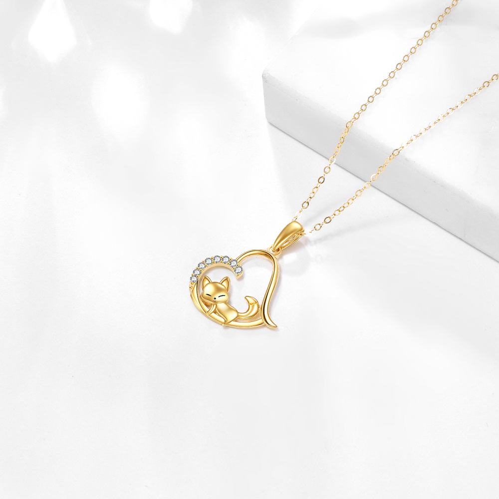 10K Gold Cubic Zirconia Fox & Heart Pendant Necklace-4