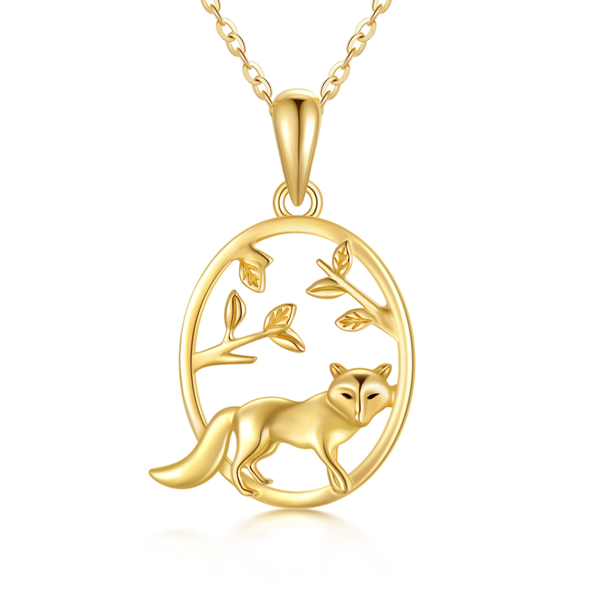 14K Gold Fox & Leaves Pendant Necklace-1