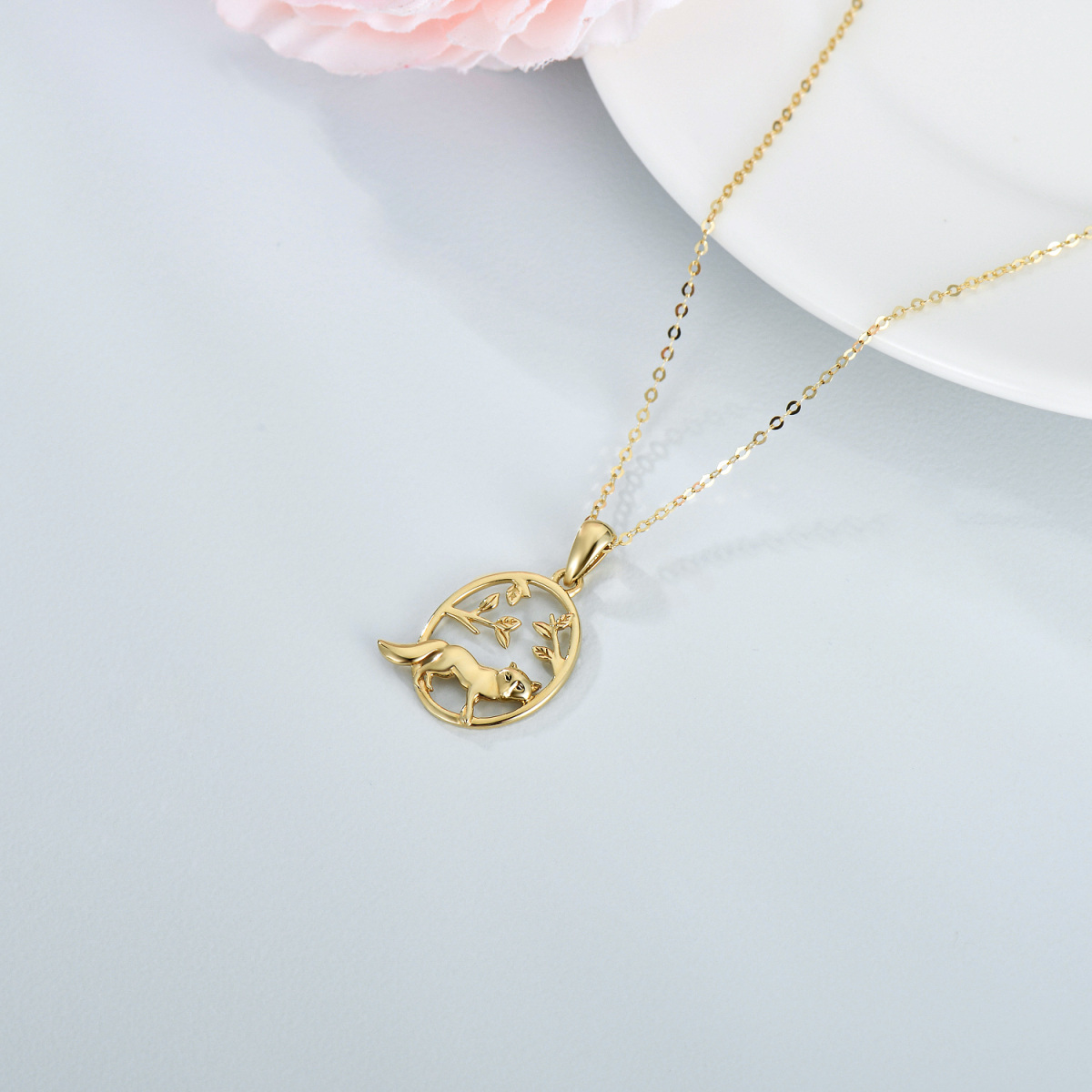 14K Gold Fox & Leaves Pendant Necklace-4