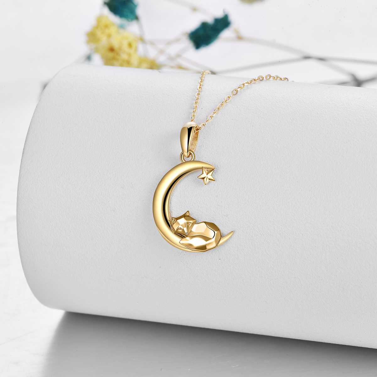 14K Gold Fox & Moon Pendant Necklace-3