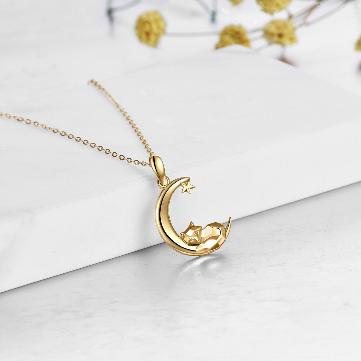 14K Gold Fox & Moon Pendant Necklace-4