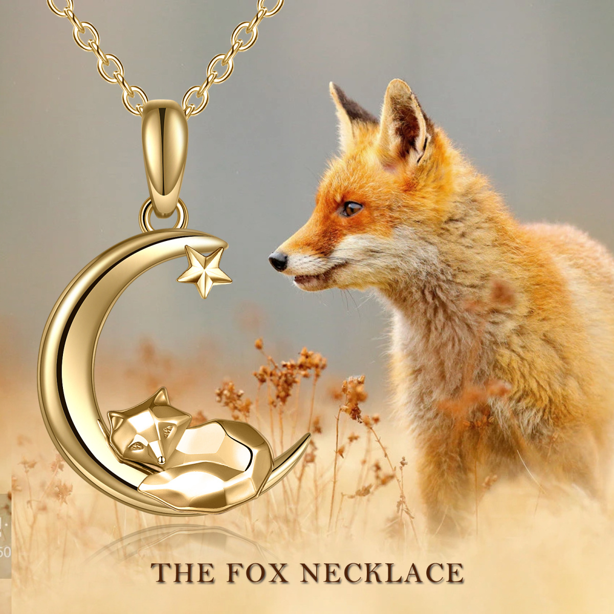 14K Gold Fox & Moon Pendant Necklace-5