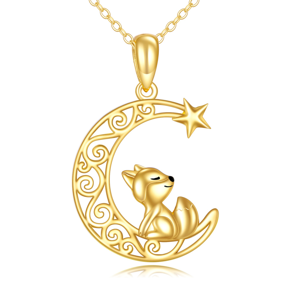 10K Gold Fox & Moon & Star Pendant Necklace-1