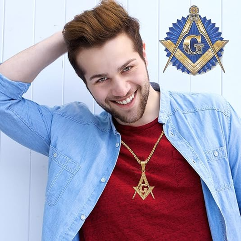 Collana con ciondolo massonico in argento sterling placcato in oro giallo per uomo-2