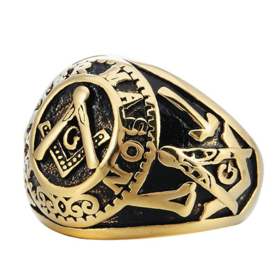 Anillo de sello masónico de plata de ley con baño de oro amarillo para hombre
