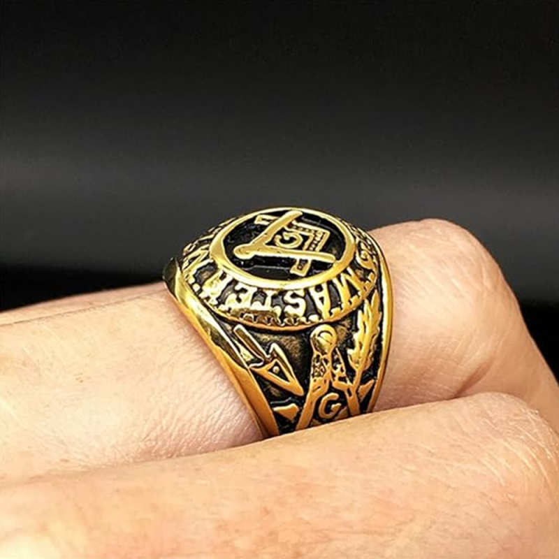 Anillo de sello masónico de plata de ley con baño de oro amarillo para hombre-2